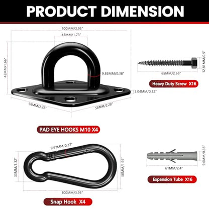 sprookber 304 Stainless Steel Pad Eye Snap Hook,M10 Ceiling Hook 1700Lb,8Pc | Hanging Kit with Screws for Hammock Chair Swing, Yoga Gym Equipment, Sun Shade Sail, Plant Hangers & Marine Boat Hardware - size: 4 Inch, style: Black Rhombus