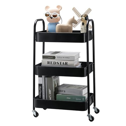 SETTFRFE 3-Tier Metal Rolling Storage Cart with Lockable Wheels,Black | Utility Cart for Kitchen Bathroom Dorm ,Movable Snack Cart & Art Cart for Esthetician Nail Lash Diaper,Tool-Free Assembly
