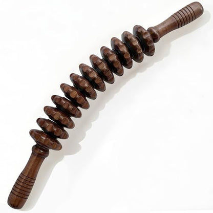Wood Therapy Massage Roller Stick for Muscle Relief & Cellulite Reduction - color: Brown Curved-12 Rollers