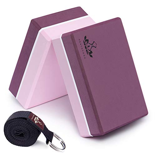 Heathyoga Yoga Blocks 2 Pack with Strap, High Density EVA Foam Yoga Block and Yoga Strap Set to Support and Improve Poses and Flexibility - color: Purple