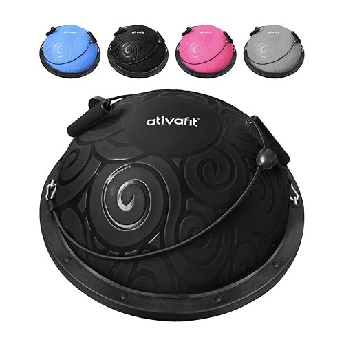 ATIVAFIT Balance Ball Trainer - Half Exercise Ball with Inflation Pump & Resistance Bands - Anti-Burst PVC Stability Trainer for Home Gym, Yoga, Core Training - 660 lbs Capacity - color: Black