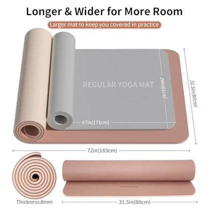 8mm Extra Wide 80cm Yoga Mat Non Slip | Spacious 80cm x 72" mat for tall users, gym, pilates. POE, reversible dual-color, non-slip, tear-proof, odorless, strap. - color: Brown+Apricot
