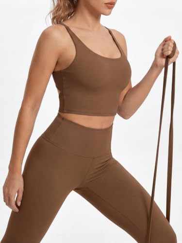 Aoysky Womens Strappy Sports Bra Adjustable Cross Back Longline Crop Top | Buttery soft fabric, Removable padded cups, Convertible straight/cross back, U-neck longline, Yoga gym pilates daily wear - color: Brown, size: X-Small