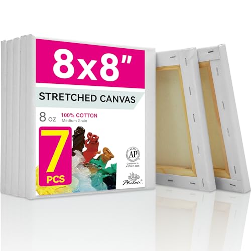 PHOENIX Stretched Canvas for Painting 8x8 Inch/7 Value Pack, 8 Oz Triple Primed 5/8 Inch Profile 100% Cotton White Blank Canvas, Square Framed Canvas for Oil Acrylic & Pouring Art - size: 8"x8", style: Studio Set (8 Oz.)