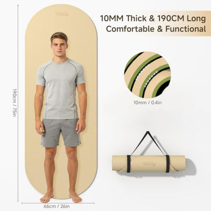 WeiLa Extra Thick Yoga Mat (10mm), Large TPE Workout Mat 74"x28" with Strap - color: Cream & Matcha Green