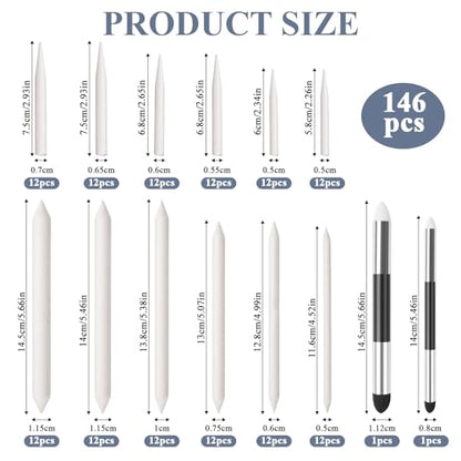 148PCS 12 Sizes Blending Stumps and Tortillion for Drawing Artist Sketch | Premium paper material, reusable, with 2 blending sponge pens, for artist charcoal sketch drawing