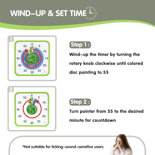 TWENTY5 SEVEN Countdown Timer 7.5 inch, 60 Minute 1 Hour Visual Timer for Classroom Teaching Tool Office Meeting, Mechanical Countdown Clock for Kids Exam Time Management Magnetic, Green Dinosaur - color: Green Dino