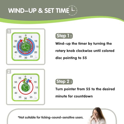 TWENTY5 SEVEN Countdown Timer 7.5 inch, 60 Minute 1 Hour Visual Timer for Classroom Teaching Tool Office Meeting, Mechanical Countdown Clock for Kids Exam Time Management Magnetic, Green Dinosaur - color: Green Dino
