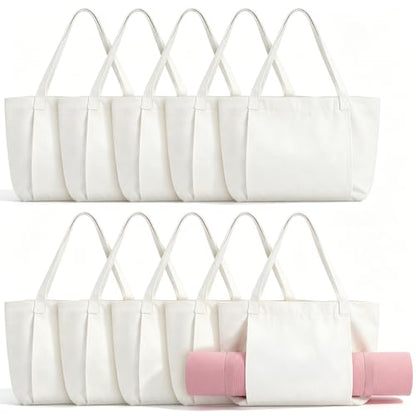 Halloscume 10 Pack Blank White Canvas Yoga Tote Bag Bulk, Large Yoga Mat Carrier Shoulder Bag with Pocket, Reusable Grocery Gym Pouch for Women Pilates Studio Office Travel Beach DIY Craft Gift