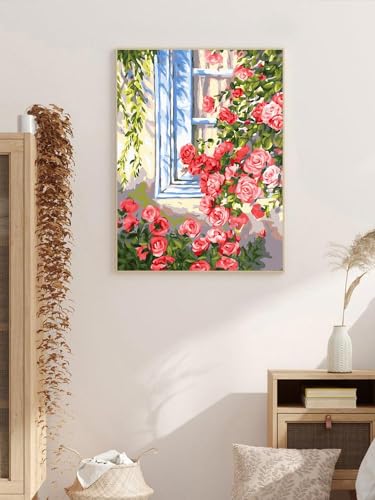 ZRIZQ Paint by Numbers Kit for Adults Beginner,Flowers Window,16x20 | Full set with wooden brushes,rolled canvas,rich paints.Calming activity.Beginner friendly.Just open and paint. - color: 16"X20"Rolled Canvas(Frameless)-Flowers 14