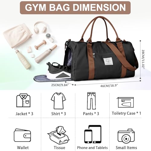 Gym Bag for Women Men with Shoes Compartment,Sports Duffle Bag Personal item travel Duffel Bags Tote Bag Small Carry on Weekender Overnight Bags Workout Dance Bag Hospital Holdalls Black Brown - color: A9-Black Brown
