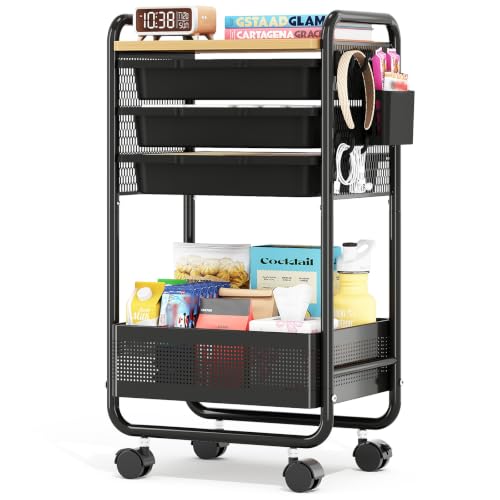 KINGRACK 3 Tier Rolling Cart with Drawer, Metal Utility Storage Cart, Black | 3 Drawers, Pegboard & Wood Tabletop, Lockable Wheels, 4 Hooks & 1 Bin, for Living Room,Bedroom,Craft Room,Office,Kids Room - color: Black