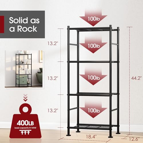 Sakugi Storage Shelves - 4 Tier Shelf Organizer, Heavy Duty Garage Shelving Unit with Leveling Feet, Stable Metal Shelves Organizer for Pantry, Kitchen and Closet, 18.4" W x 12.6" D x 44.2" H, Black - color: Black, size: 18.4W×12.6D×44.2H(4T)