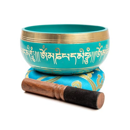 Tibetan Singing Bowl Set - 4" Easy To Play Authentic Handmade For Meditation Sound 7 Chakra Healing By HIMALAYAN BAZAAR (Turquoise Blue, 4") - color: Turquoise