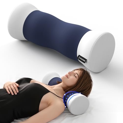 Neck Roll Pillow - Cooling Cover Round Neck Pillow for Sleeping - Memory Foam Cervical Support Pillow - Ergonomic Cylinder Pillows for Neck, Leg, Back, Yoga, Relaxing (Blue White) - color: Blue White