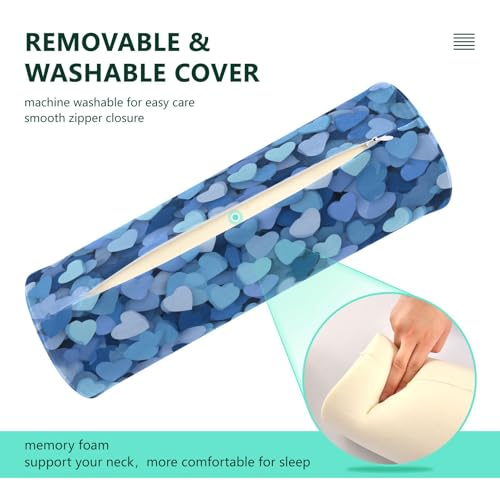Bolster Pillow Neck Pillow Round Soft Health Memory Foam Pillows Long Cylindrical Body Pillow with Removable Cover Cute Back Yoga Blue Hearts 17" x 5.5" - color: Blue Hearts