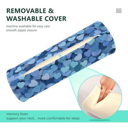 Bolster Pillow Neck Pillow Round Soft Health Memory Foam Pillows Long Cylindrical Body Pillow with Removable Cover Cute Back Yoga Blue Hearts 17" x 5.5" - color: Blue Hearts