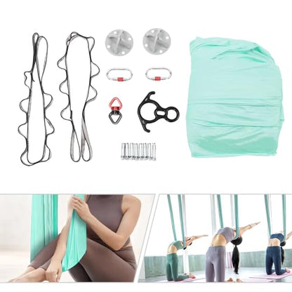 Deluxe Aerial Yoga Hammock Set – 5m/5.5yd Heavy Duty Polyester Aerial Silks Swing for Acrobatic, Circus Arts, Dance – 440lbs Capacity Yoga Trapeze with Extension Straps & Carabiners – Green
