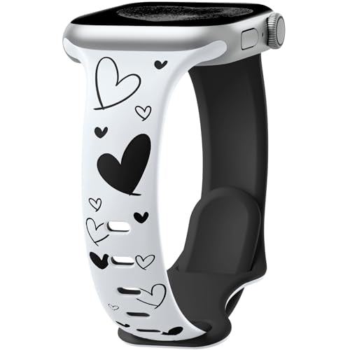 Lerobo Slim Thin Two-Tone Compatible with Apple Watch Band 40mm 38mm 41mm 42mm 44mm 45mm 46mm 49mm for Women- Soft Cute Flower/Heart Engraved Sport Band for iWatch Series 11 10 9 8 7 6 5 4 3 SE Ultra - color: B White/Black, size: 38mm/40mm/41mm/(42mm-seri