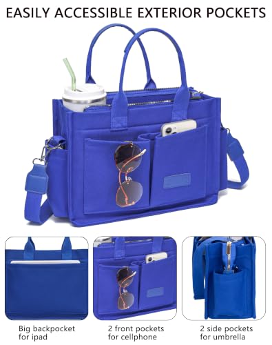 ZHMO Canvas Tote Bag for Women,Women's Bags Crossbody Bags Work Laptop Tote Bag Large Handbags Purse for Travel Nurse Teacher - color: New Upgrade Navy Blue With Compartments and Side Cup Holders