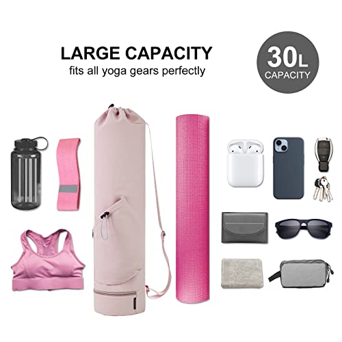 sportsnew Yoga Mat Bag Drawstring Pocket-Full Zip Cargo Yoga Mat Carrier Bag with Water Bottle Pocket and Bottom Wet Pocket Exercise Yoga Mat Carrier Multi-Functional Storage Bag, Pink & Pink