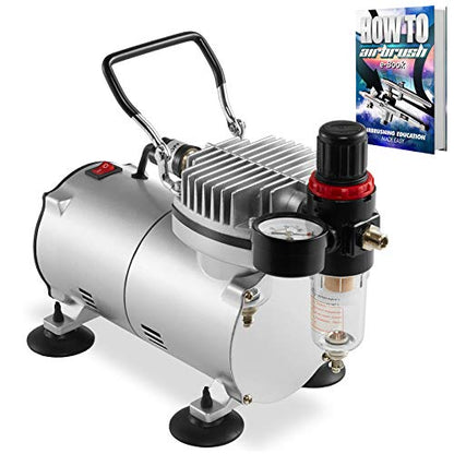 PointZero 1/5 HP Airbrush Compressor with Regulator, Gauge and Water Trap - Quiet Portable Air Pump Silver