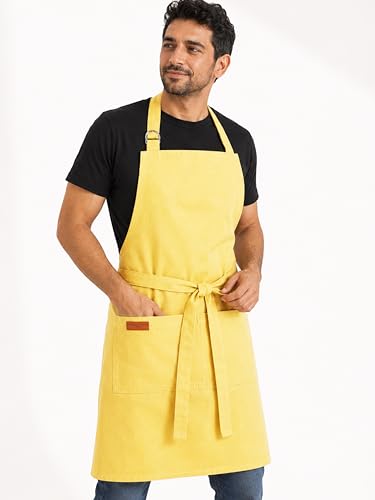 100% Cotton Kitchen Apron with 2 Pockets – Adjustable Chef Apron for Cooking Baking BBQ – Unisex Apron - color: Lemon