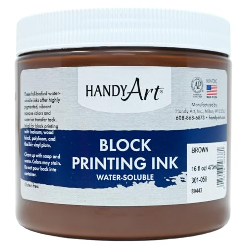 Handy Art Block Printing Ink, Brown, 16 oz Jar, Water-Soluble | Highly Pigmented Vibrant Opaque Color with Superior Transfer Tack, Water Soluble, Certified Safe & AP Non-Toxic, Made in USA - color: Brown, size: 16 Fl Oz