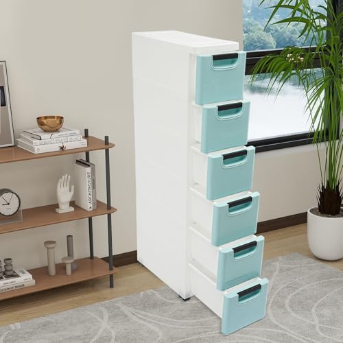 6 Drawers Plastic Storage Cabinet, Mobile Slim Utility Cart on Wheels, for Narrow Space Office Classroom Bedroom Bathroom (Blue) - color: Blue