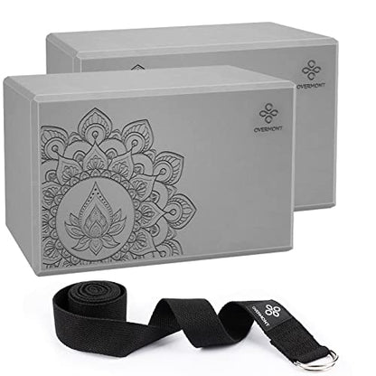 Overmont Yoga Block 2 Pack Supportive Latex-Free EVA Foam Soft Non-Slip Surface for General Fitness Pilates Stretching and Meditation 9"x6"x3" Yoga Strap Included - color: Grey
