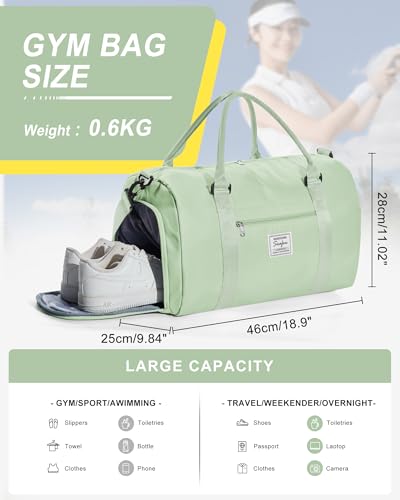 Gym Bag Womens Mens with Shoes Compartment and Wet Pocket Travel Duffel Bags for Women for Plane Sport Gym Tote Bags Swimming Yoga Small Waterproof Weekend Overnight Carry on Bag Hospital Holdalls - color: A15-Grass Green