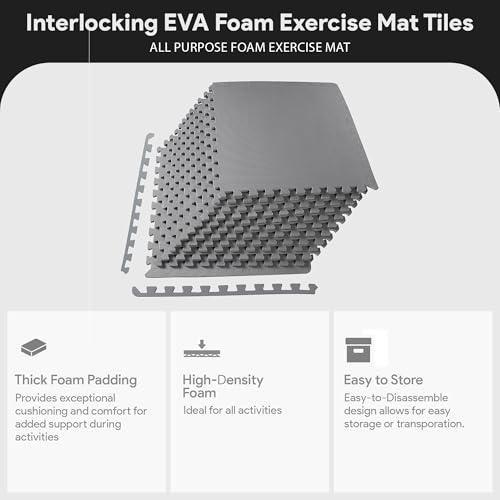 BalanceFrom 24x24 Inch EVA Interlocking Foam Exercise Tile Mat – Non-Slip Puzzle Flooring for Home Gym, Fitness Studio, or Playroom with Multiple Thickness, Coverage Sizes and Color Options | Tiles for Home Gym, Studio, or Playroom Flooring, Gray, 24 in x