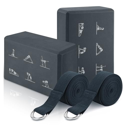 RETON Yoga Blocks Set with Straps, High Density Yoga Bricks, Lightweight EVA Foam Pilates Block, 2 Yoga Blocks with 2 Straps for Yoga, Pilates, Fitness, Stretching and Toning - color: Gray