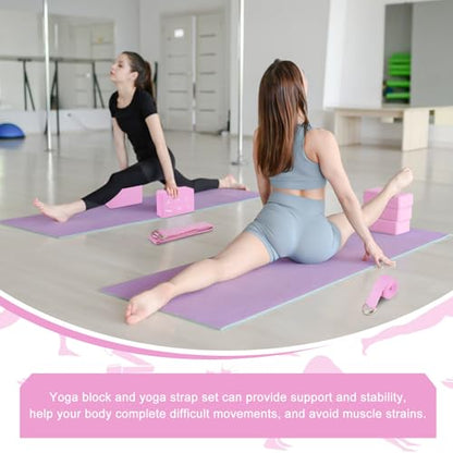 RETON 2 Pack Yoga Blocks and 2 Yoga Straps Set, Soft Non-Slip Yoga Block for Pilates, High Density EVA Foam Yoga Brick with Yoga Strap for General Fitness, Stretching, Improve Strength and Flexibility - color: Pink