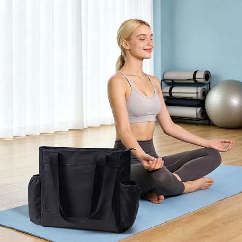 WLLWOO Thick Yoga Mat Bag Women Gym Tote Breathable Mesh Holder Wet Pocket | Carryall Lightweight Waterproof Shoulder for Pilates Travel Beach Workout Fitness Carrier - color: Black