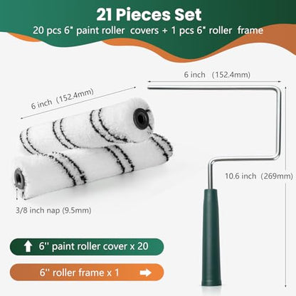 Paint Roller Covers, 20 Pack, 6 Inch, 3/8 Inch Nap | 6 Inch Microfiber Roller Sleeves, Anti-Rust Metal Frame Included, Ideal for Wall & Furniture Painting - size: 6 inch paint roller 20 pack