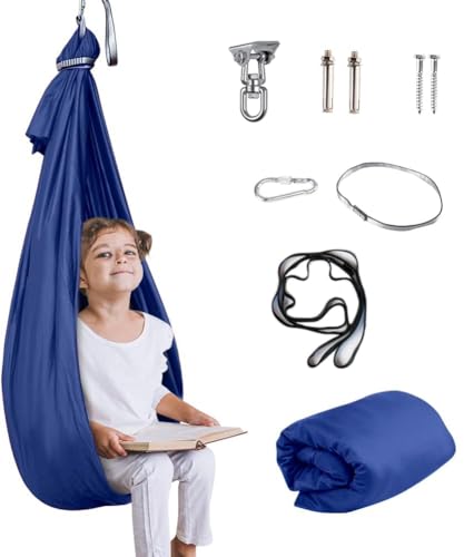 Aokitec Sensory Swing for Kids & Adult, Indoor Outdoor Cuddle Hammock Chair | Therapy swing, Special Needs, Autism, ADHD, Adjustable, Soft Nylon 300LB Capacity, 360 Swivel Hanger, All Hardware Included - color: Midnight Blue