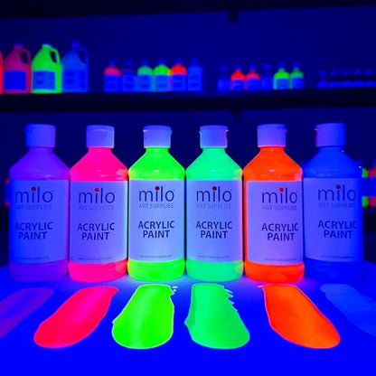 milo Fluorescent Acrylic Paint Set of 6 Colors | 4 oz Bottles | Student Neon Colors Acrylics Painting Pack | Made in the USA | Non-Toxic Art & Craft Paints for Artists, Kids, & Hobby Painters | Glows in Black Light, AP Certified Non-Toxic, Made in USA, Ar