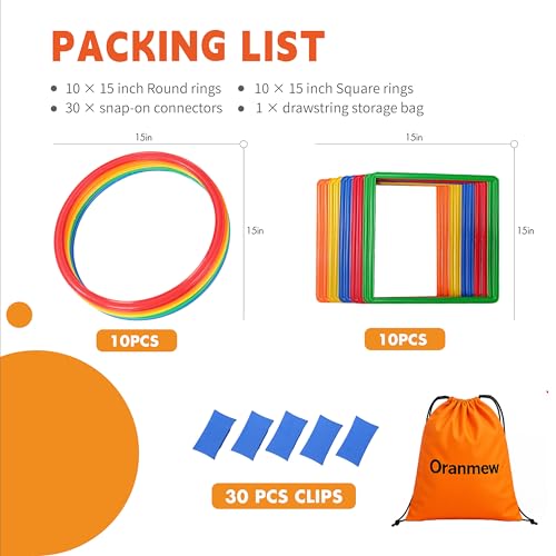 20Pcs 15" Square & Round Hopscotch Rings, Kids Agility Obstacle Course - style: 15" Square + Hoop – 2 Set