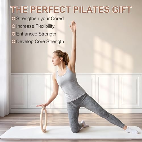Pilates Ring 15 Inch Magic Circle Ring, Dual Padded Handles Pilates Exercise Circle, Adjustable Yoga Ring - color: Beige