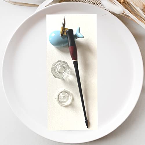 Oblique Calligraphy Pen Set Copperplate Calligraphy Pen,Glass Ink Well Empty Ink Well for Oblique Nib Holder Nikko g Nib Pen Rest & Nib Tin Organizer (Oblique Pen Set w/Whale Rest) - style: Oblique Pen Set w/ Whale Rest