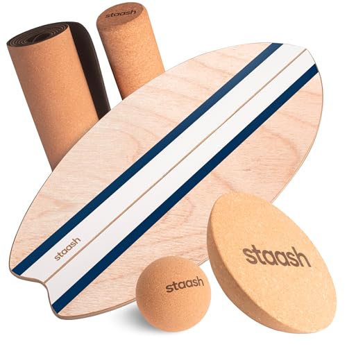 STAASH® Balance Board Full Kit – Premium Birch Wood Trainer with Cork Roller, Balance Disc, Massage Ball & Anti-Slip Mat – Core Strength, Surf, Snowboard & Rehab Training – All-In-One Set - color: Pacific Navy