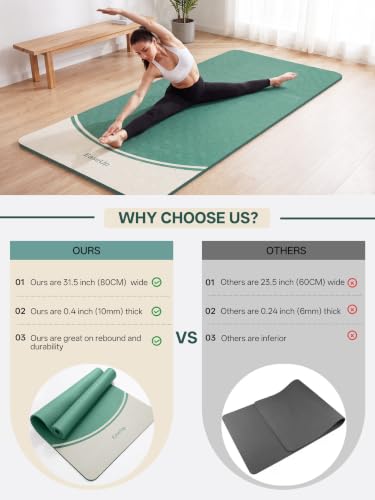 EaseUp 10mm Thick Yoga Mat, 73"×31.5" Extra Wide, Non-Slip with Strap - color: Green
