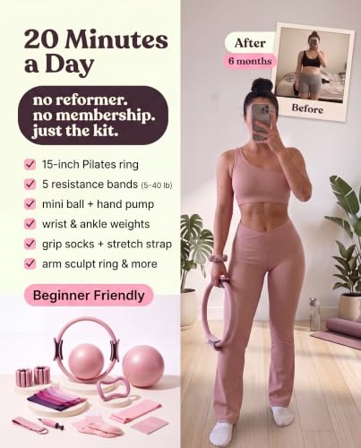 Pilates Kit for Women with Weights, 16 Piece At Home Pilates Workout Equipment Set, Ring and Ball, Bangles, Resistance Bands, Grip Socks, Essentials & Accessories for Beginners