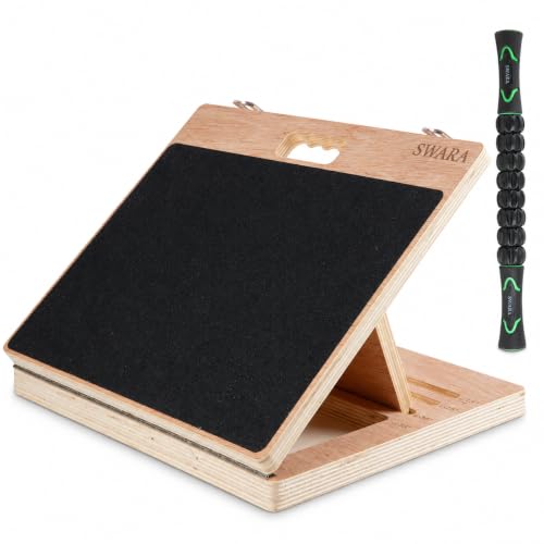 Swara 17″ Wide Wooden Slant Board for Calf Stretching & Squats, Foldable | Adjustable Calf Stretcher with Thicker Base, Foldable Wide Slant Board, Exercise Guide, Free Muscle Roller and 400lb Capacity - size: 14x17 Inch