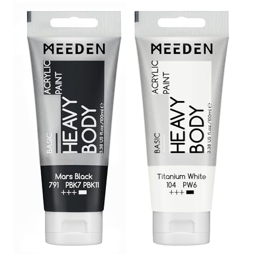 MEEDEN Acrylic Paint Mars Black: 100ml/3.38oz x 2 with Titanium White | Heavy Body Artist Acrylic Paint Set for Canvas, Wood & Craft, Non-toxic Creamy Art Paint with Titanium White for Mixing - color: Mars Black, size: 2 Tubes