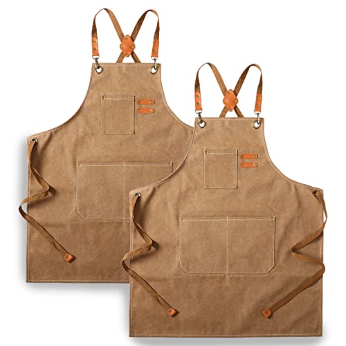 Tosewever 2 Pack Canvas Cross Back Chef Apron for Men Women with Pockets, Cotton Tool Aprons for Cooking Kitchen BBQ Artist - color: Brown