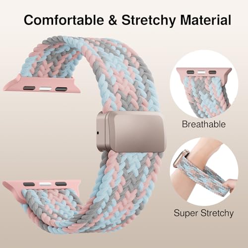 Braided Stretchy Magnetic Band Compatible with Apple Watch Bands Women Men - color: Gray Pink Blue, size: 38mm/40mm/41mm/(42mm-series 11 10)
