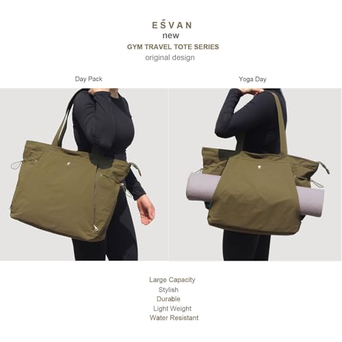ESVAN Yoga Tote Bag for Women Shoulder Bags Drawstring for Office Workout Travel Carryall Pilates Gym and Beach - color: Nylon Dark Green
