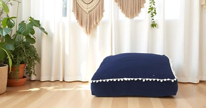 Mandala Barmeri Large Floor Pillow Cover Cushion Meditation Seating Ottoman Throw Cover Hippie Decorative Zipped Bohemian Pouf Ottoman Poufs, Pom Pom Pillow Cases (Blue, 24" square)